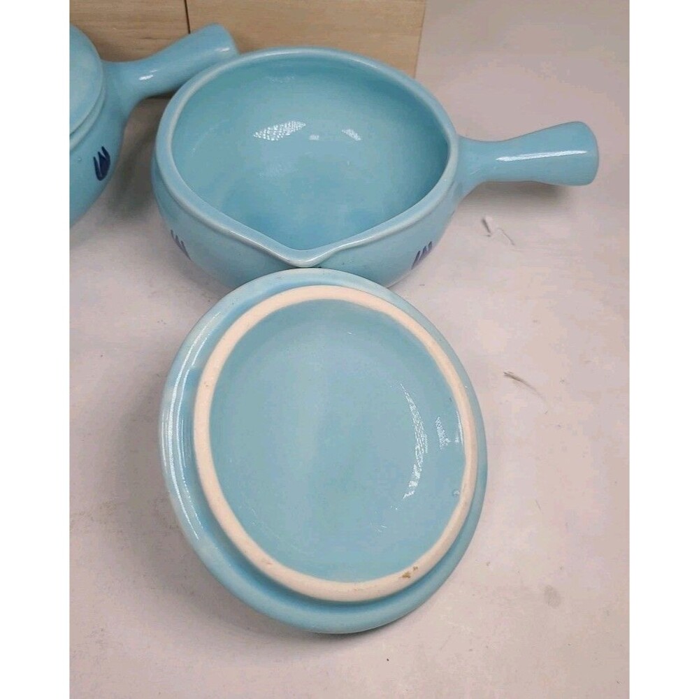 Vintage (4) Cronin BLUE TULIP Small Soup Sauce Pots WITH Lids & Handles - Picture 4 of 11